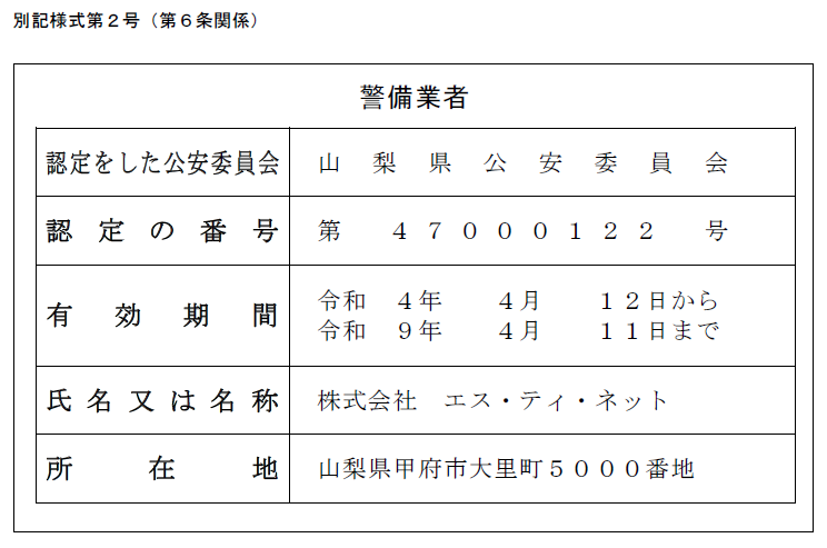 警備業の認定情報